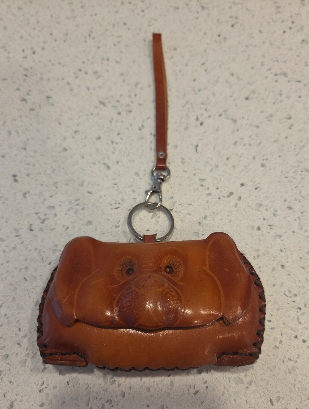 Vintage 3D Molded Leather Dog Coin Keychain Pouch